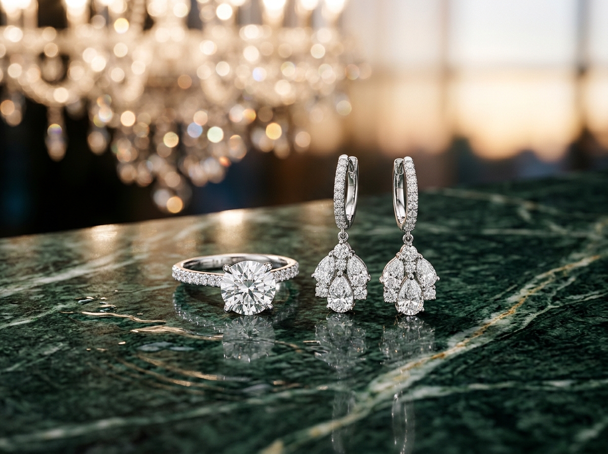 Aura Diamond Solitaire Ring and Teardrop Earrings