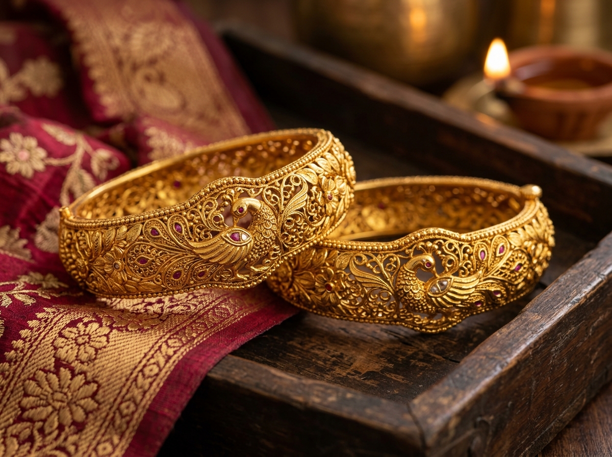 Mayura Royal Peacock Filigree 22K Gold Bangles